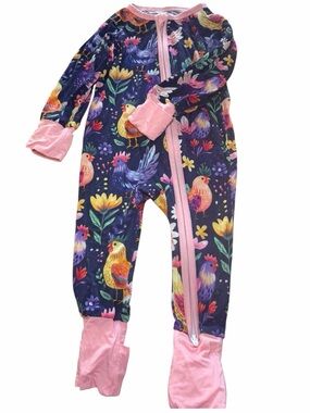 NWOT Bamboo Zippy Pink-Trim Chicken Print 3-6M